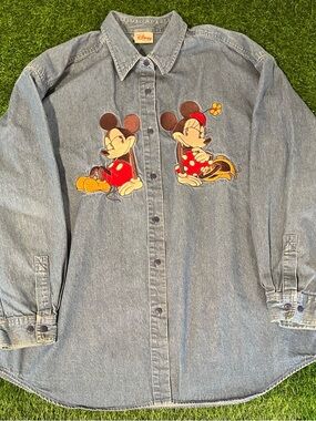 Vintage Embroidered Disney Store Mickey Minnie Mouse Blue Denim Shirt Womens 2XL